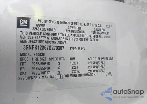 2007 Chevrolet Avalanche 1500 Lt из США, поврежденный, VIN 3GNFK12367G279307